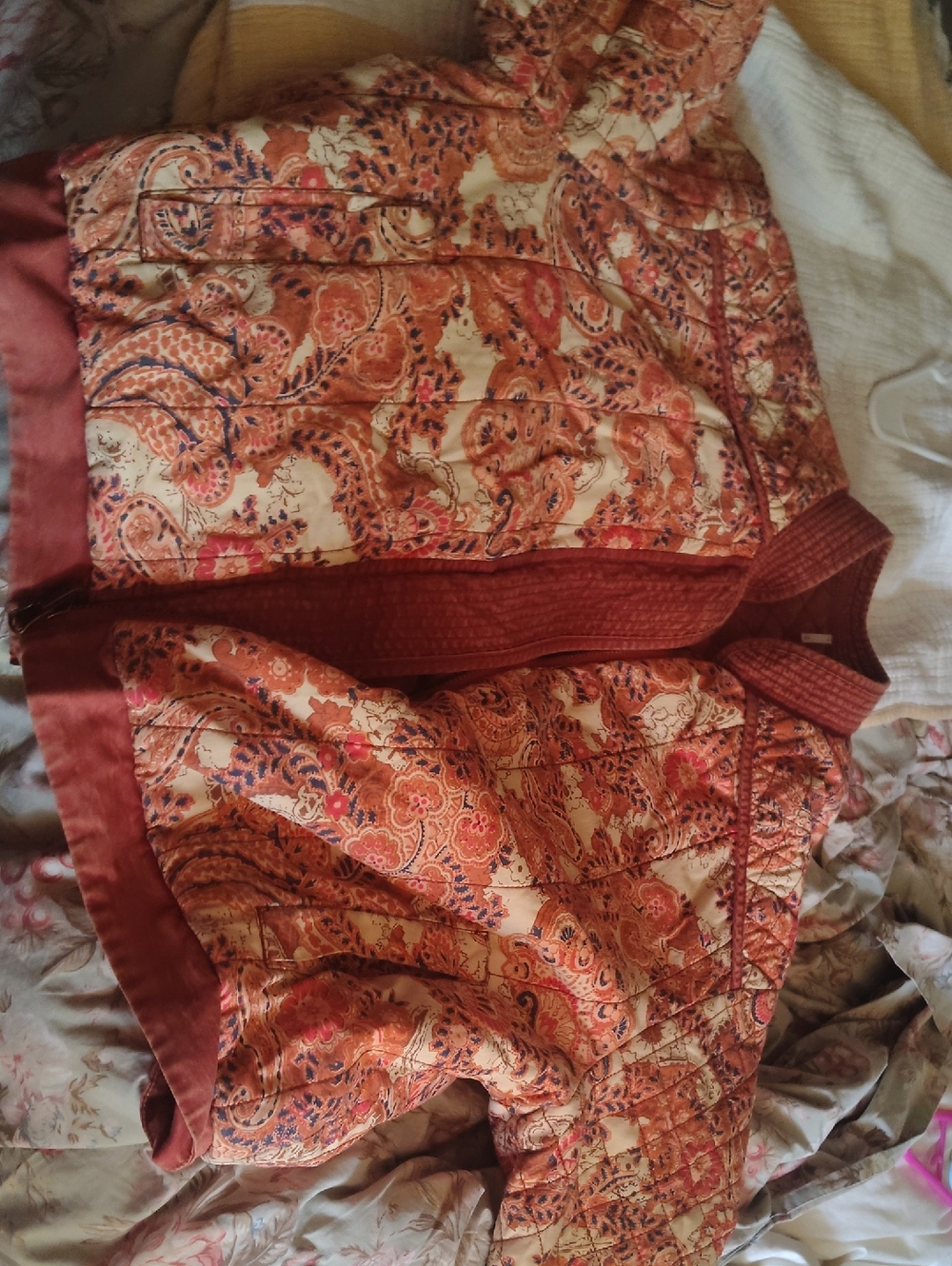 Quilted Paisley Bomber Jacket in Rust and Cream